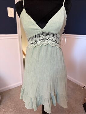 Crochet-Trim Lined Spaghetti Strap Dress
